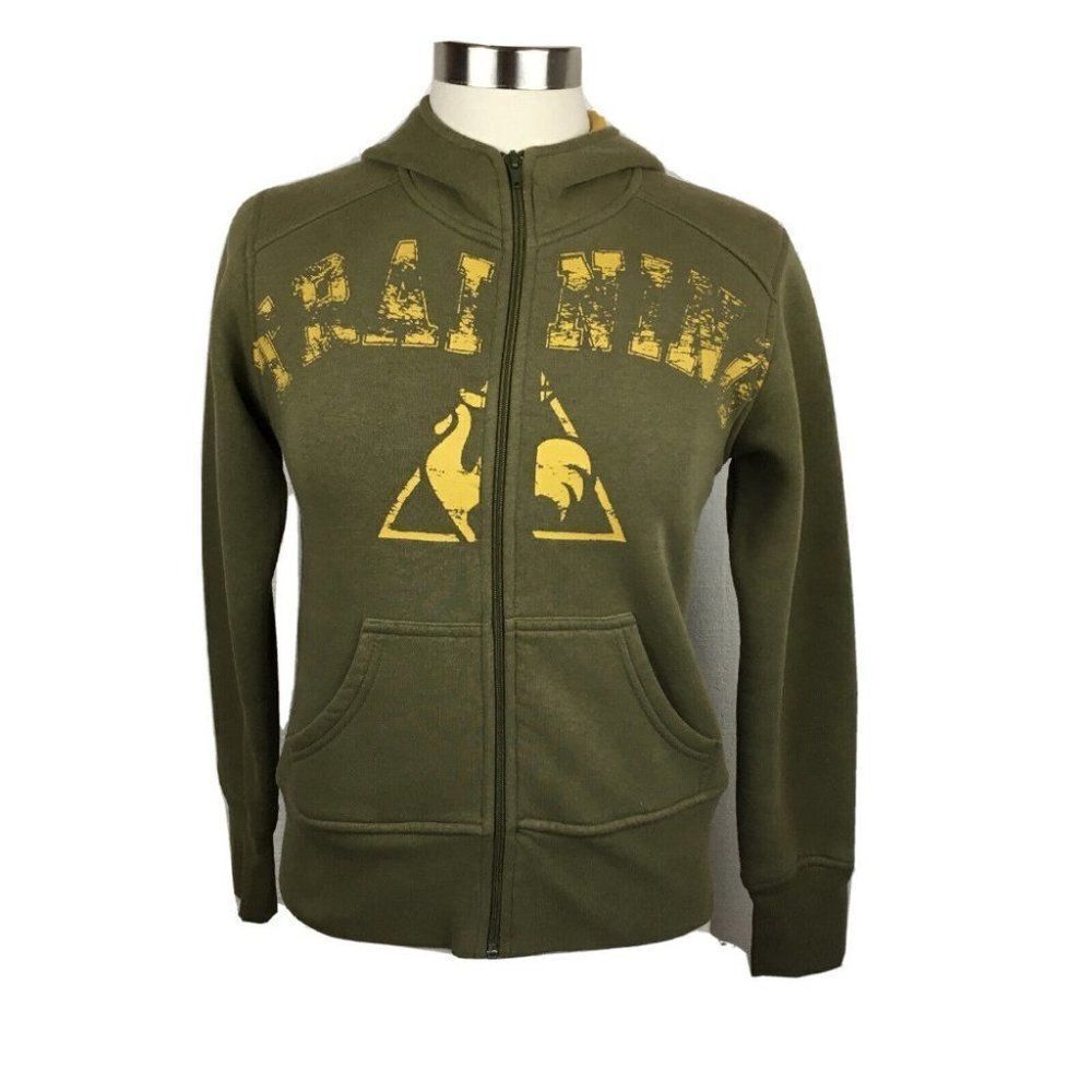 Le Coq Sportif Hoodie L Womens Green Yellow Full Zip Graphic Logo Cotton Blend